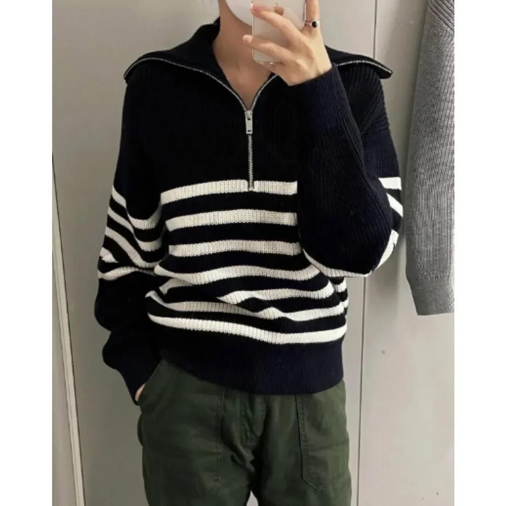 Autumn Winter Fashion Striped Zippered Lapel Long Sleeve Loose Casual Knitted Sweater for Women