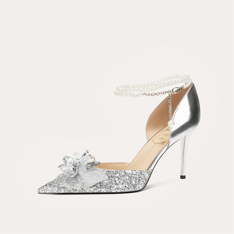 

Rhinestone sandals pointed sequins women s shoes wedding main yarn high heels ankle pearl chain high heels 39