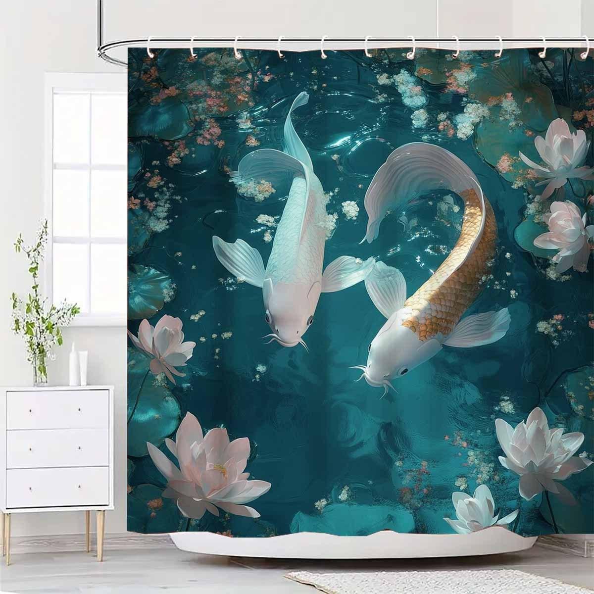 

A Delicate Shower Curtain Featuring A Relief Pattern Of Koi Swimming In A Serene Lotus Pond - Includes 12 Hooks, Machine Washabl W60H190(CM)-1 Pcs