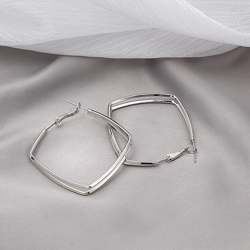 Silver Needle Double Layer Geometric Hoop & Square Ear Cuffs - Versatile European & American Fashion Rhombus Earrings