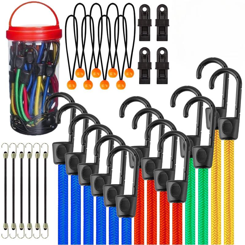 32 Piece Bungee Cords Assortment Jar Includes 10" 18" 24" 32" 40" Bungee Cord With Hooks