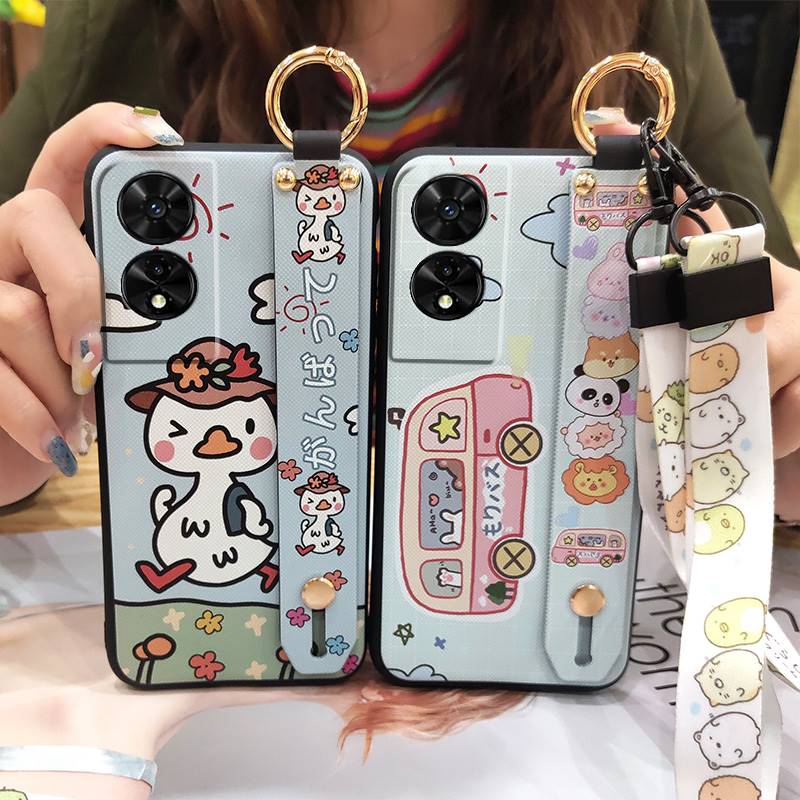Protective Wrist Strap Phone Case For TCL 505/T509K/T5094 Durable Lanyard Wristband Cute Back Cover Cartoon Silicone