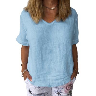 Summer Minimalist Casual Top White Clothes V-neck Solid Color Shirt for Women Cotton Linen Blouses