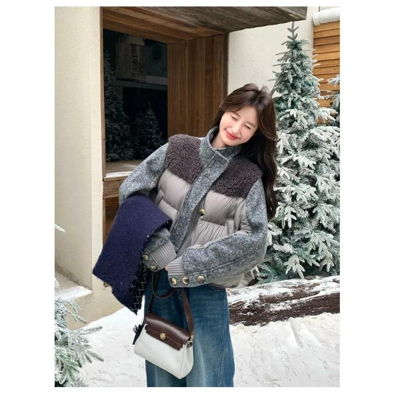 Fashion Woolen Spliced Down Padded Jacket Women's Winter Short Coat Loose Parkas Thicken Warm Stand-collar Outerwear