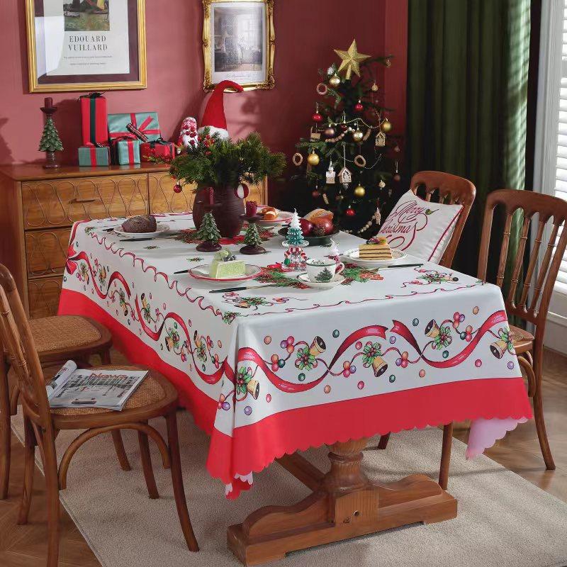 Festive Holiday Tablecloth Waterproof Polyester Embossed Rectangle Christmas Party Dining Cover with Lace