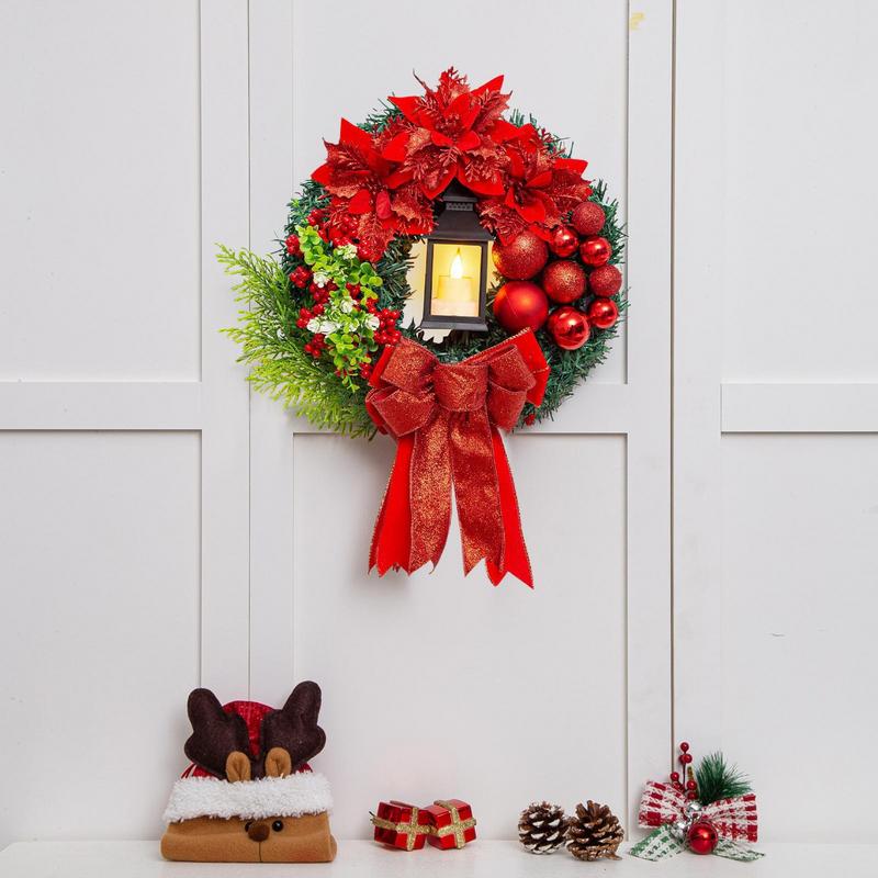 Christmas Wreath Decorative Wreath With Lamp Red Bow Berry Christmas Balls Lighted Artificial Wreaths For Wall Mantle Christmas