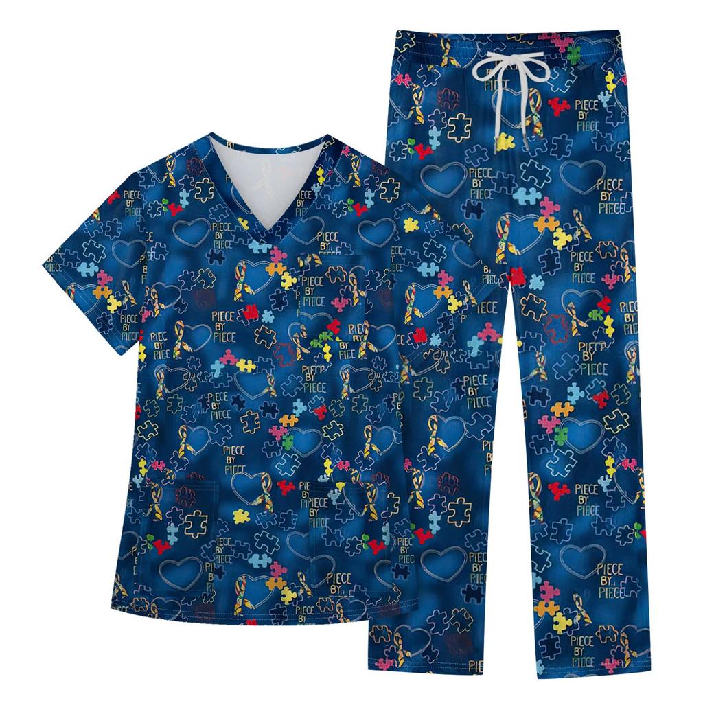 Women's Short Sleeve V Neck Animal Print Chest Pocket Work Top Elastic Waist Pants Two Piece Work Set