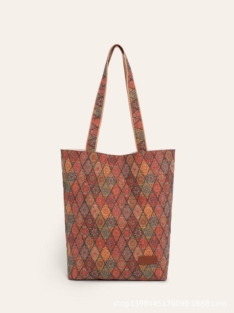 Fashion multi-element casual retro print eco-friendly cork shoulder tote bag bohemian commuter bag shopping bag