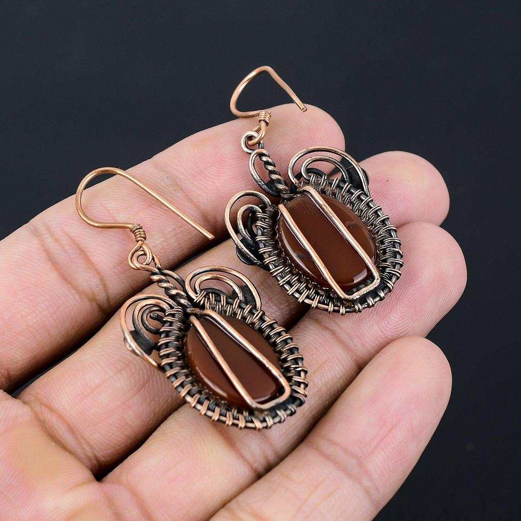 Lovely Carnelian Gemstone Handmade Pure Copper Wire Wrapped Earring Jewelry