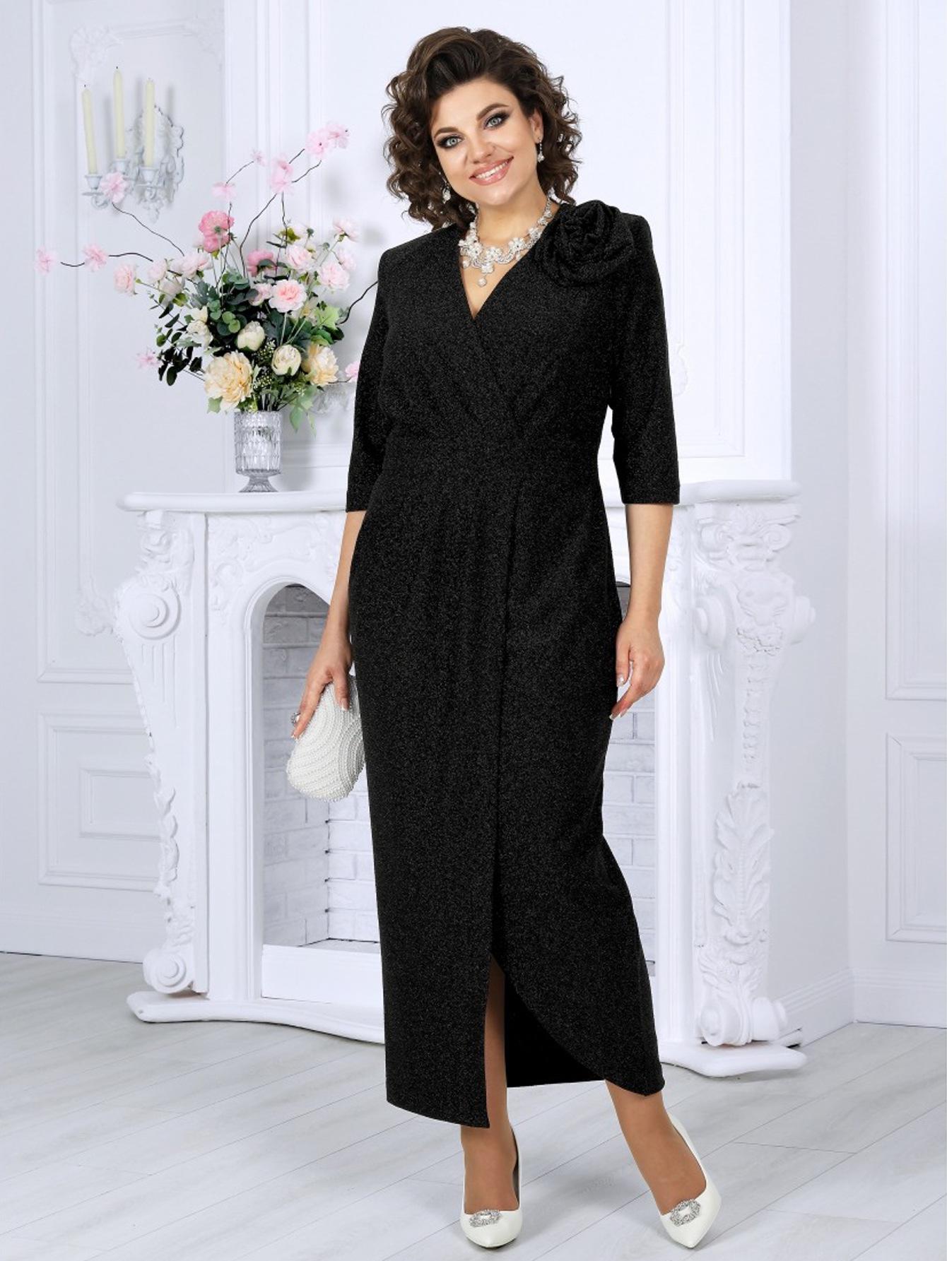 

Elegant Plus Size Evening Gown with Detachable Floral Details 5XL чёрный