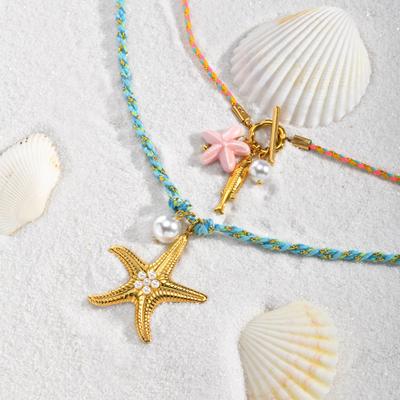 Vnox Bohemian Ceramic Starfish Imitation Pearl Braided Rope OT Buckle Necklace Small Fish Pendant Necklace Beach Party Jewelry