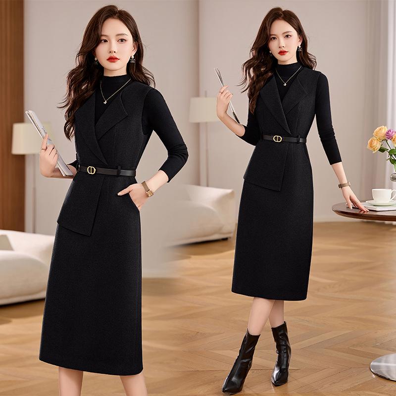 Set Vestă Tricotată & Rochie Lungă de Modă Femei Primăvara Devreme 2025