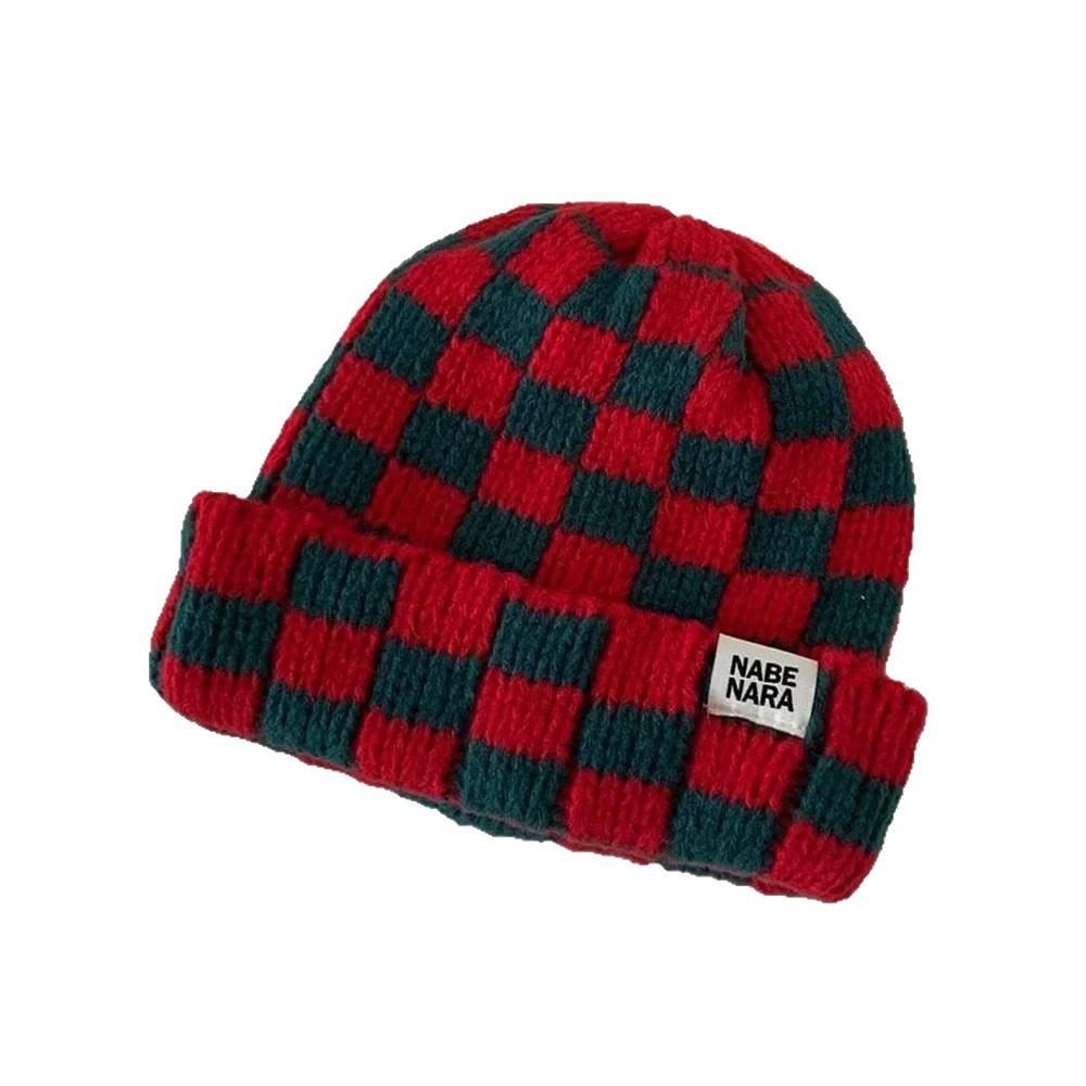 Schachbrett Strickmütze für Damen im Herbst und Winter Neuer Koreanischer Stil Nische Großer Kopfumfang Wollmütze Zeigt Gesicht Klein Warme Mütze