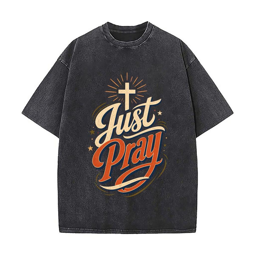 Faith Prayer Script Cross Emblem Daily Commute Vintage Distressed T Shirt Loose Washed Sleeve