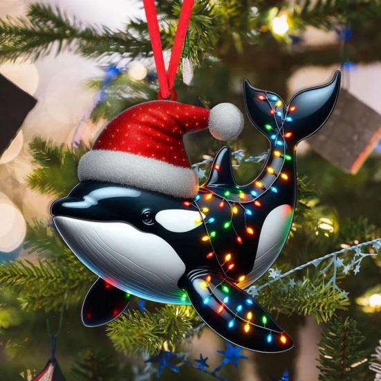 Christmas Ornament Flat 2D Acrylic Lion Wearing Santa Hat Charm Christmas Hanging Ornament with Rope