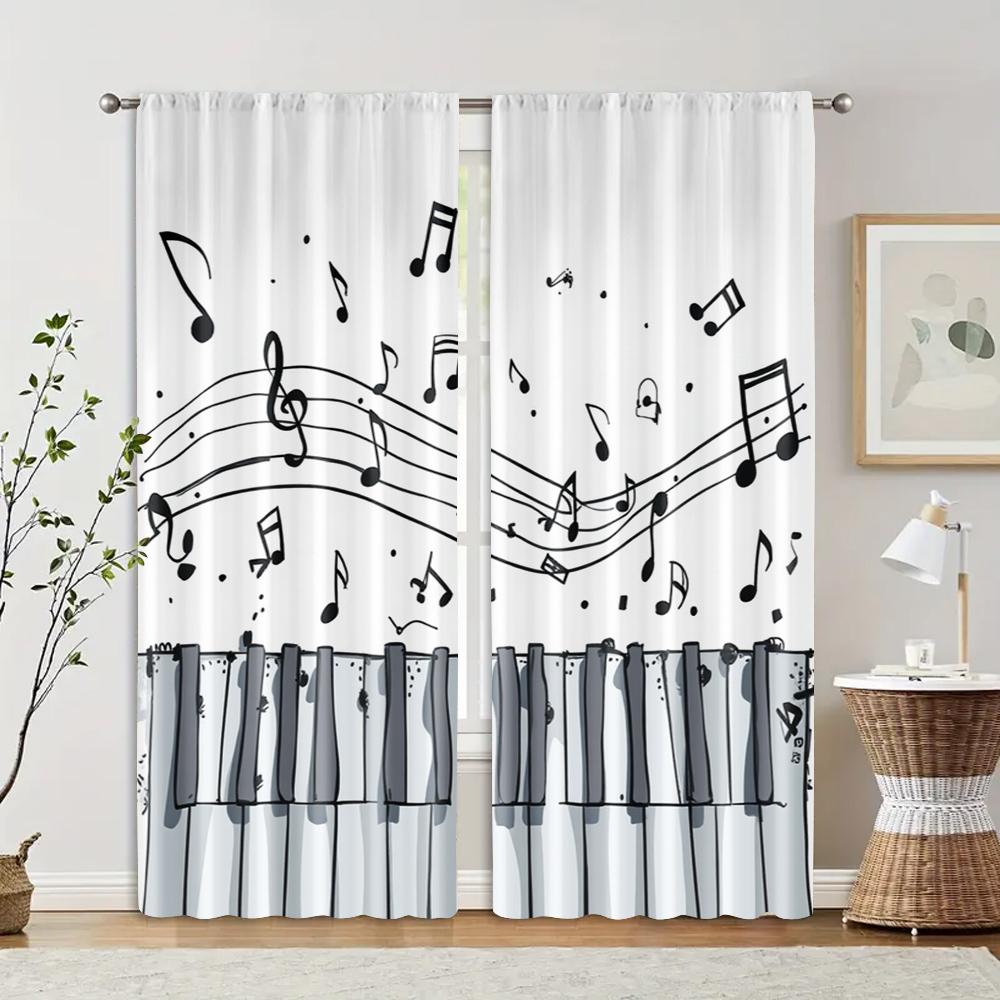 Set Of 2 Classic Curtains Piano Musical Notes Fabric Without Rod Room Decor Ldeal Bedroom Living Curtain Polyester Machine Washable Perfect For