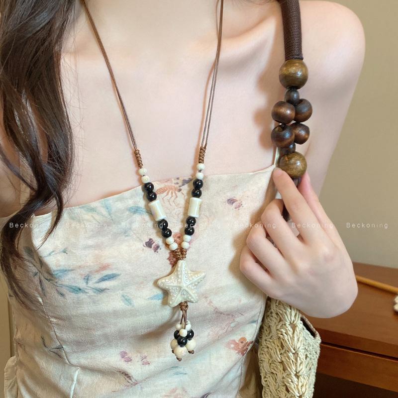 New Chinese Color Ceramic Beaded Star Necklace Female Bohemian Retro Ethnic Style Long Sweater Chain Accessories