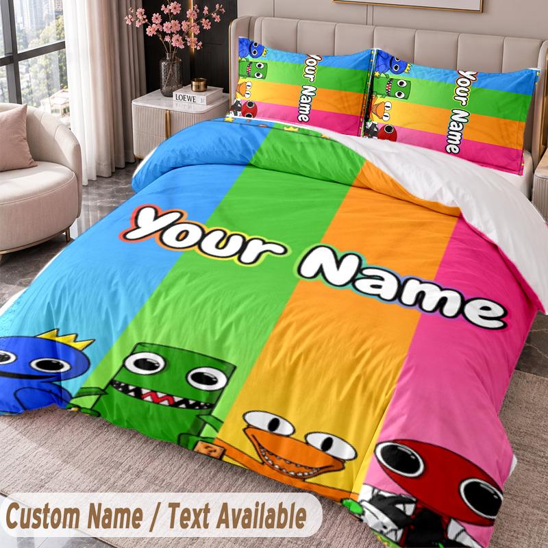 Custom Name Text 3Pcs Bedding Set Rainbow Friends Duvet Cover And Two Pillowcases