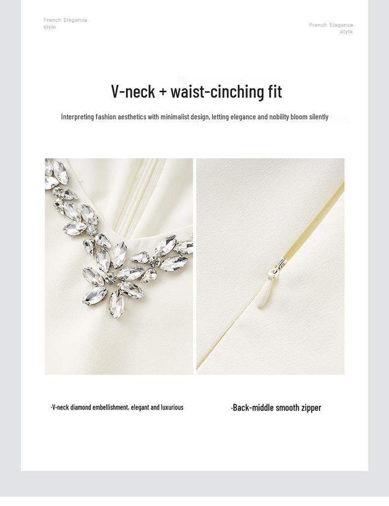V-Neck Rhinestone Short Sleeve Dress - French Style, High-Quality Women's Summer Fashion