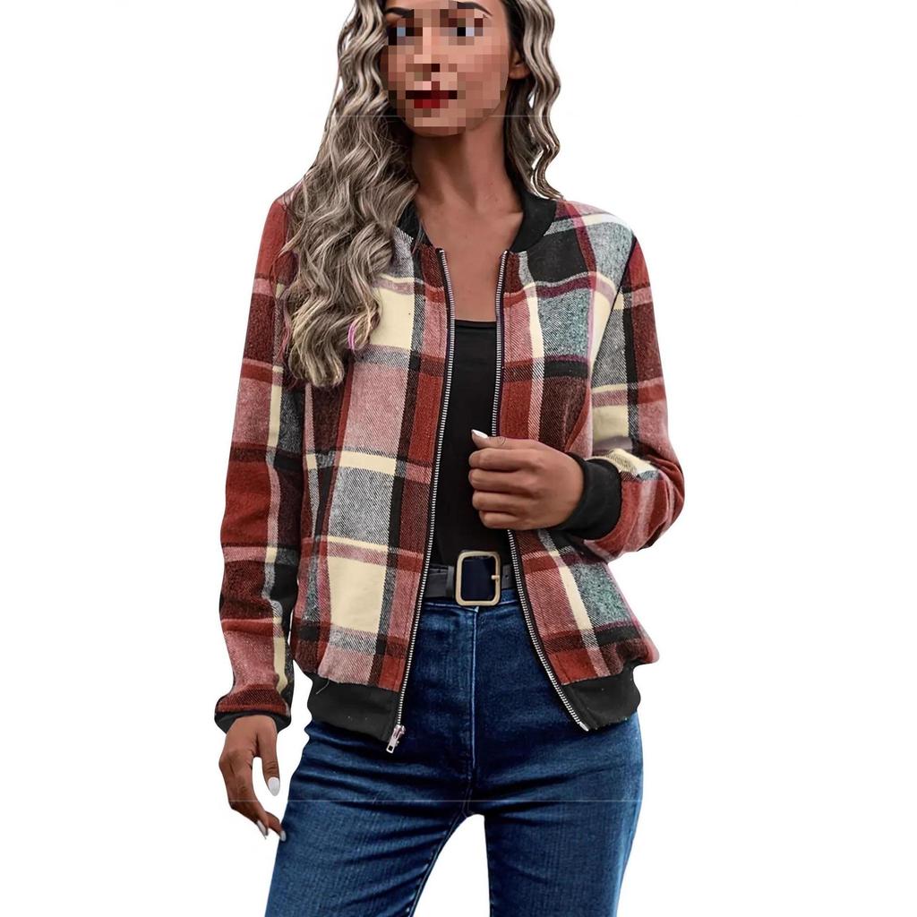 2025 Women's Plaid Zipper Baseball Jacket for Autumn/Winter