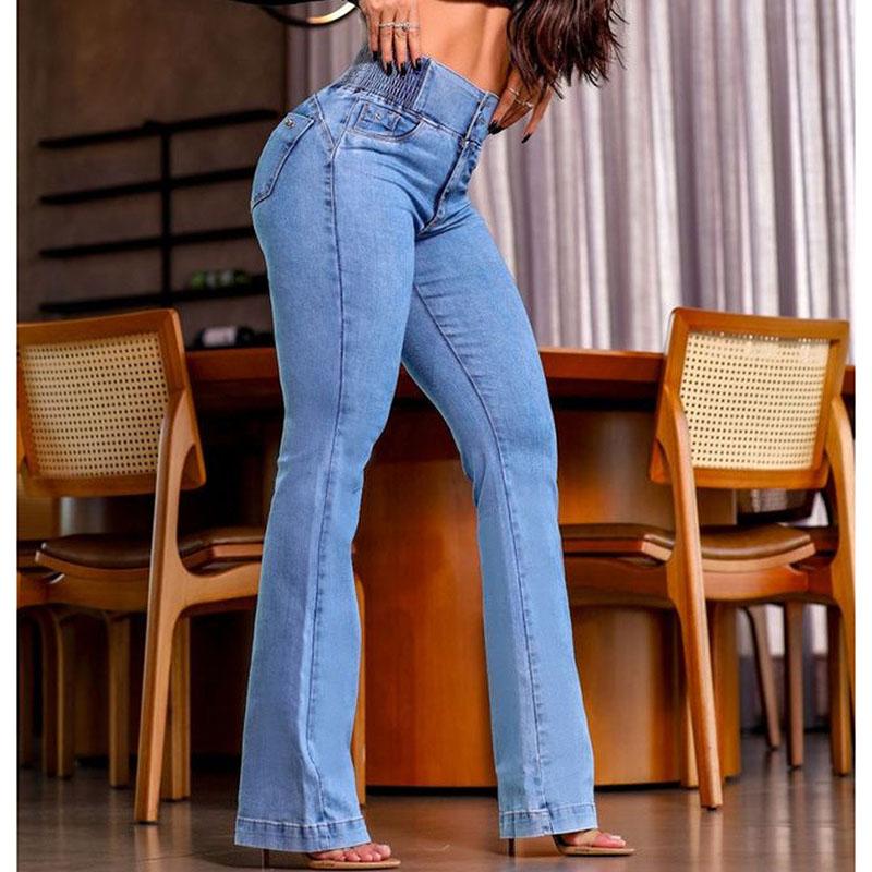 Hohe Elastizität Slim Flared Jeans Damen Casual Street High Waist Denim Hose Frühling Herbst Neue Hose mit weitem Bein
