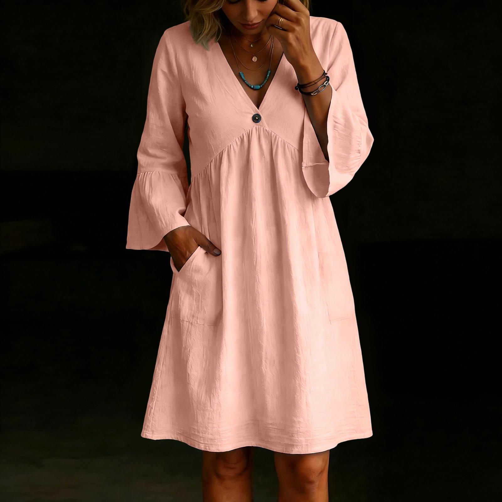 Women s Fashionable Color Loose Button V-neck Long Sleeved Loose Dress M розовый