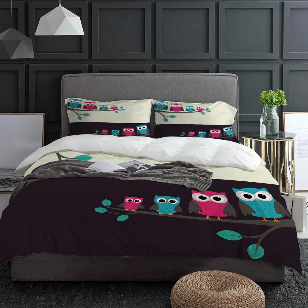Cartoon Animals Cute Owl Day And Night Bedding Set 3pcs Duvet Cover Pillowcase Quilt Cover Double Bed Set Home Textile