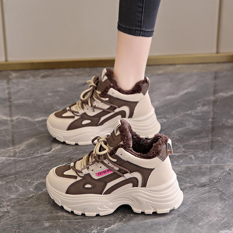 Fleece dad shoes new winter platform heightening sports shoes casual leather cotton shoes