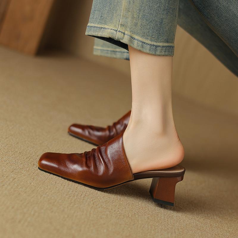 Fashion 2025 Summer New Genuine Leather Retro Semi-drag Mueller Slippers Woman Women's High Heel Square Toe Casual Shoes Women Slippers