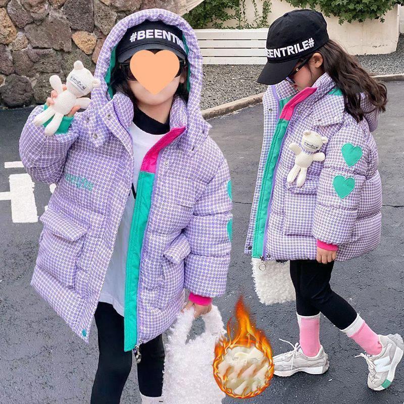 Winter Keep Warm Princess Girls Jacket Grid Design Padded Lining with Velvet Hooded Heavy Coat for Kids Sent Bear Doll