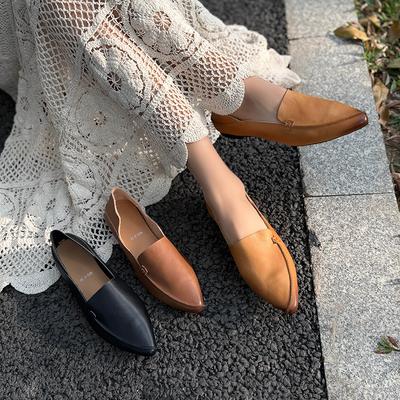 Scarpe basse da donna retrò in vera pelle con punta a punta Scarpe slip-on fatte a mano con suola morbida e poco profonda in tinta unita