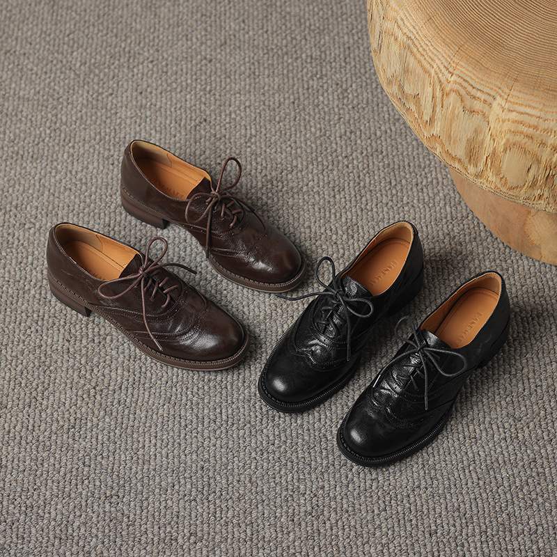 Krazing Pot Sheepskin Round Toe Thick Heels Autumn Lace Up Block Shoes Women Retro Fashion Pumps