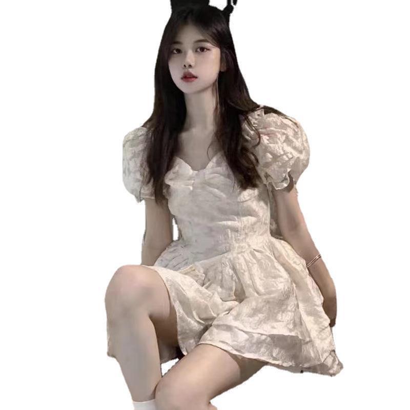 First Love White Moonlight Student Bubble Sleeve Dress Women's Summer New Jacquard Princess Style Short Tutu Dress