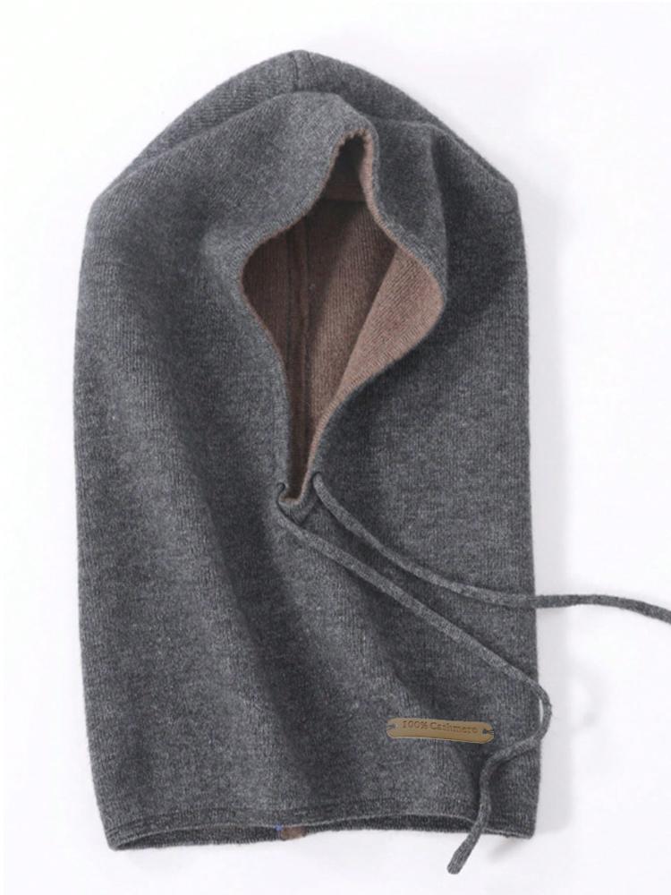 Ladies' 100% Cashmere Double-Sided Balaclava Hat With Label For Autumn&Winter Warmth Solid Color Drawstring Pullover Knitted Hat
