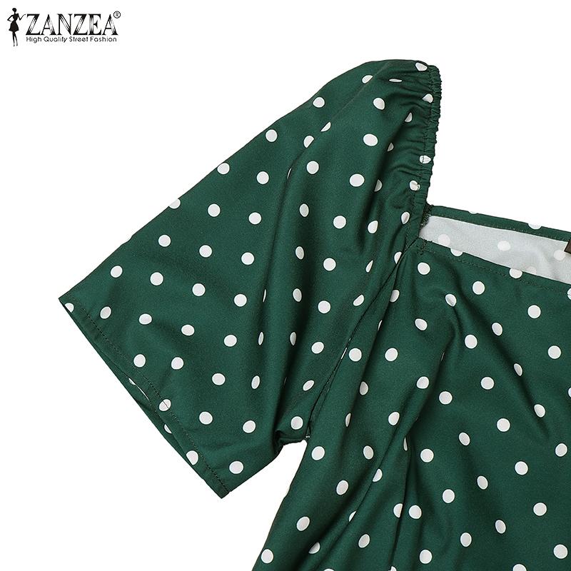 ZANZEA Women Casual Square Collar Short Sleeve Polak Dot Print Dress
