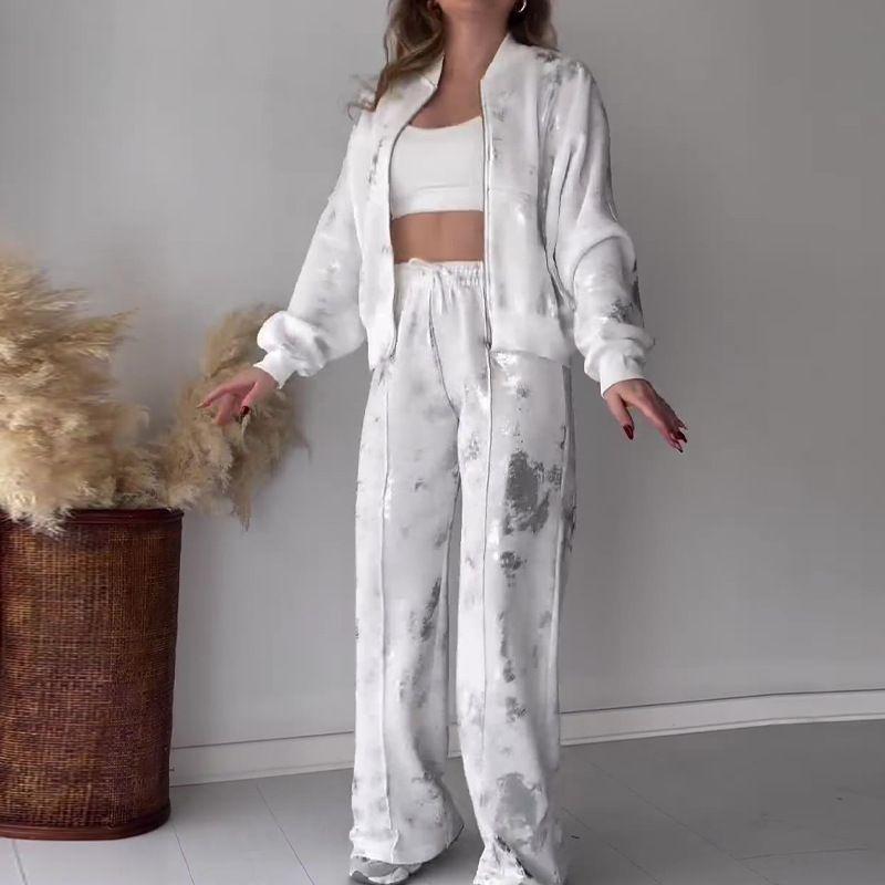 

Leisure Coat and Trousers Suit Fashion Sequins Print Zip-up Casual Hoodie Two-piece Set White XXL