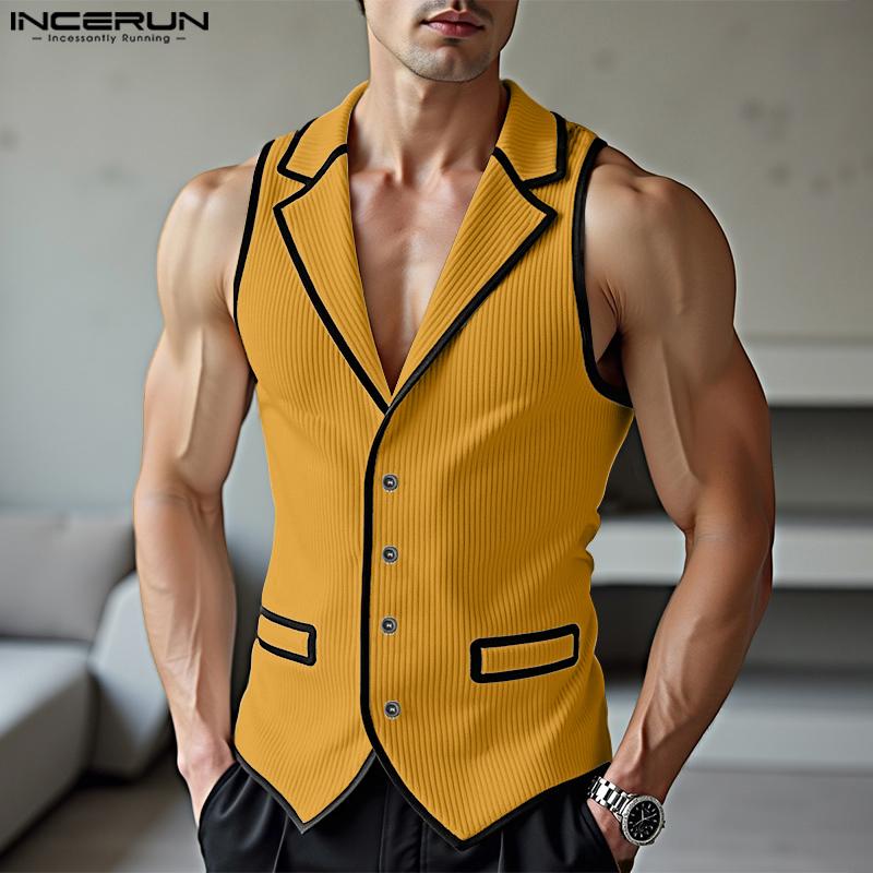 INCERUN Fashion Men Lapel Neck Sleeveless Stitching Buttons Casual Slim Thin Waistcoat Tops
