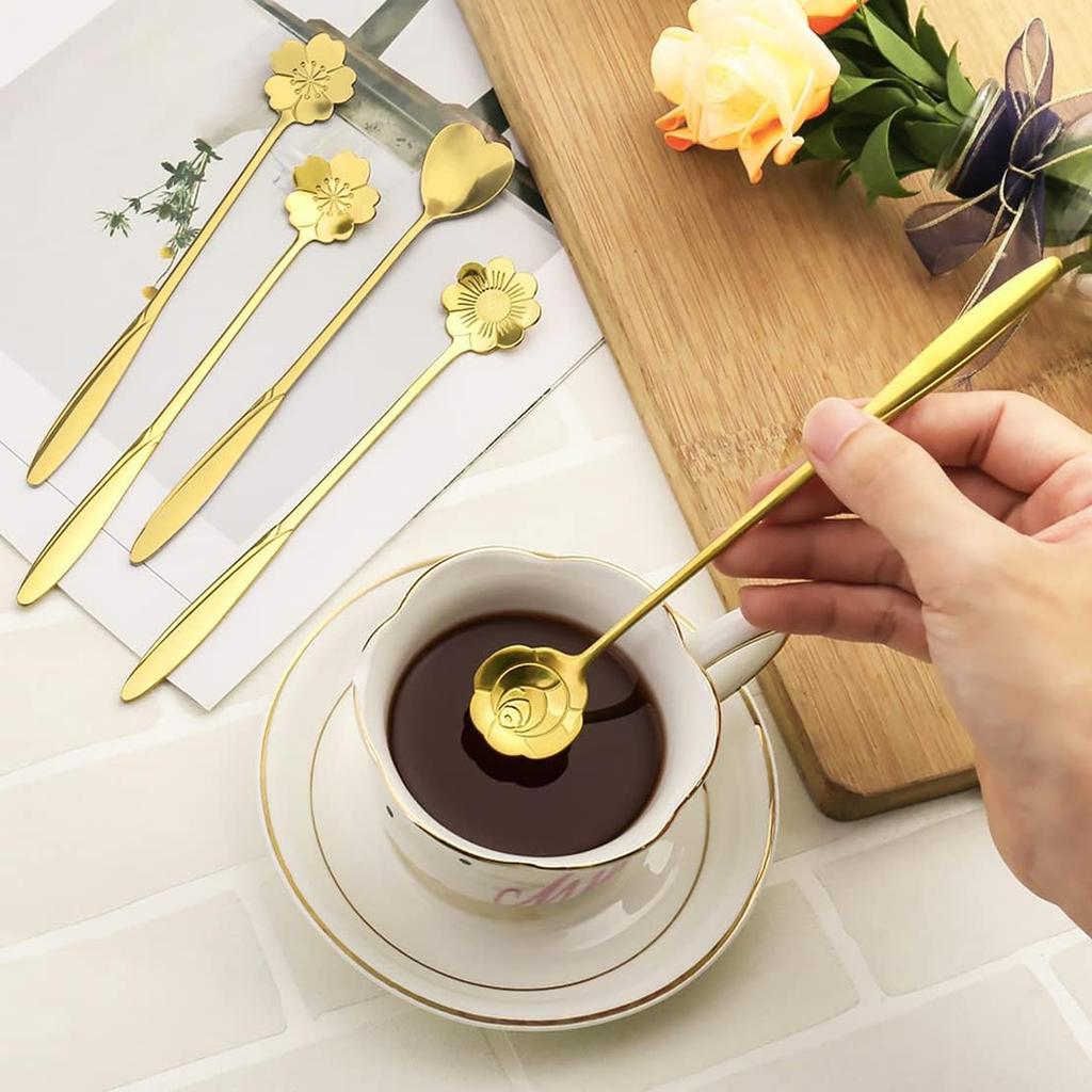 7-Inch 4 Pcs Flower Spoon Coffee Teaspoon Set, Drink Stirring Spoon for Dessert, Coffee, Ice Cream, Tea (Gold)