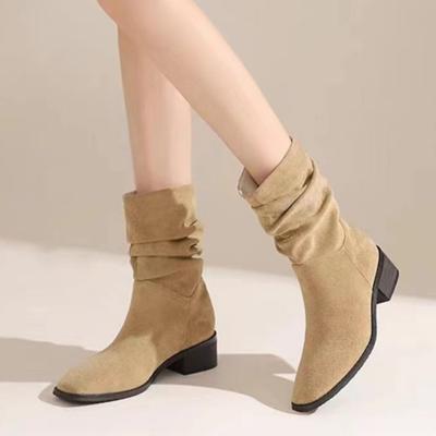 Jesienne Damskie Botki do Jazdy z Czubkiem w Szpic i na Grubym Obcasie Retro Damskie Botki do Połowy Łydki Outdoorowe Casualowe Buty na Obcasie Zapatos De Mujer