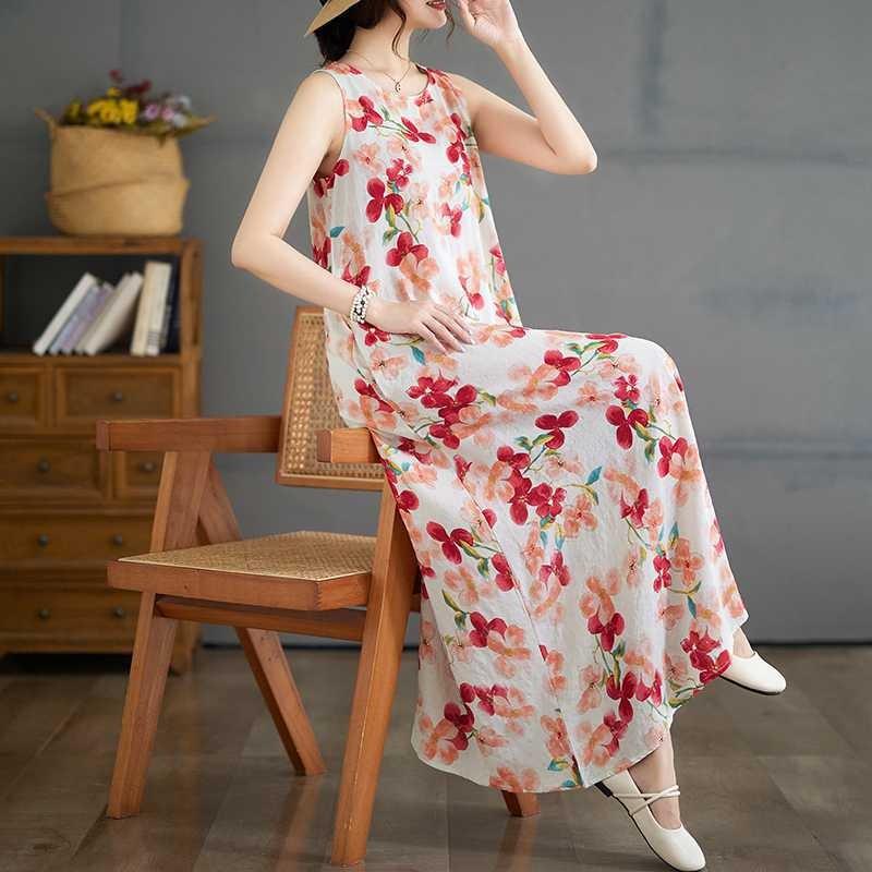 New Bohemian Long Dresses Summer New Sleeveless Round Neck Printed Dresses