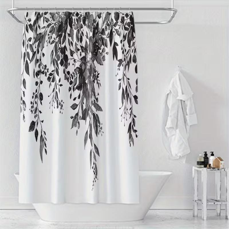 VIKAMA Nordic-Style Black-and-White Botanical Print Shower Curtain Fresh and Natural Wet/Dry Separation Bathroom Machine Washabl