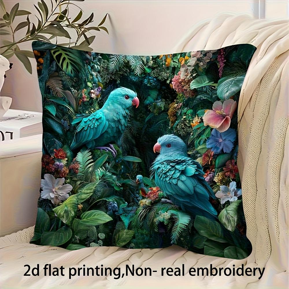 2D flat- Tropical Teal Parrot Jungle Floral Throw Pillow Cover Botanical Greenery Cushion Case for Home Sofa Bedroom Decor
