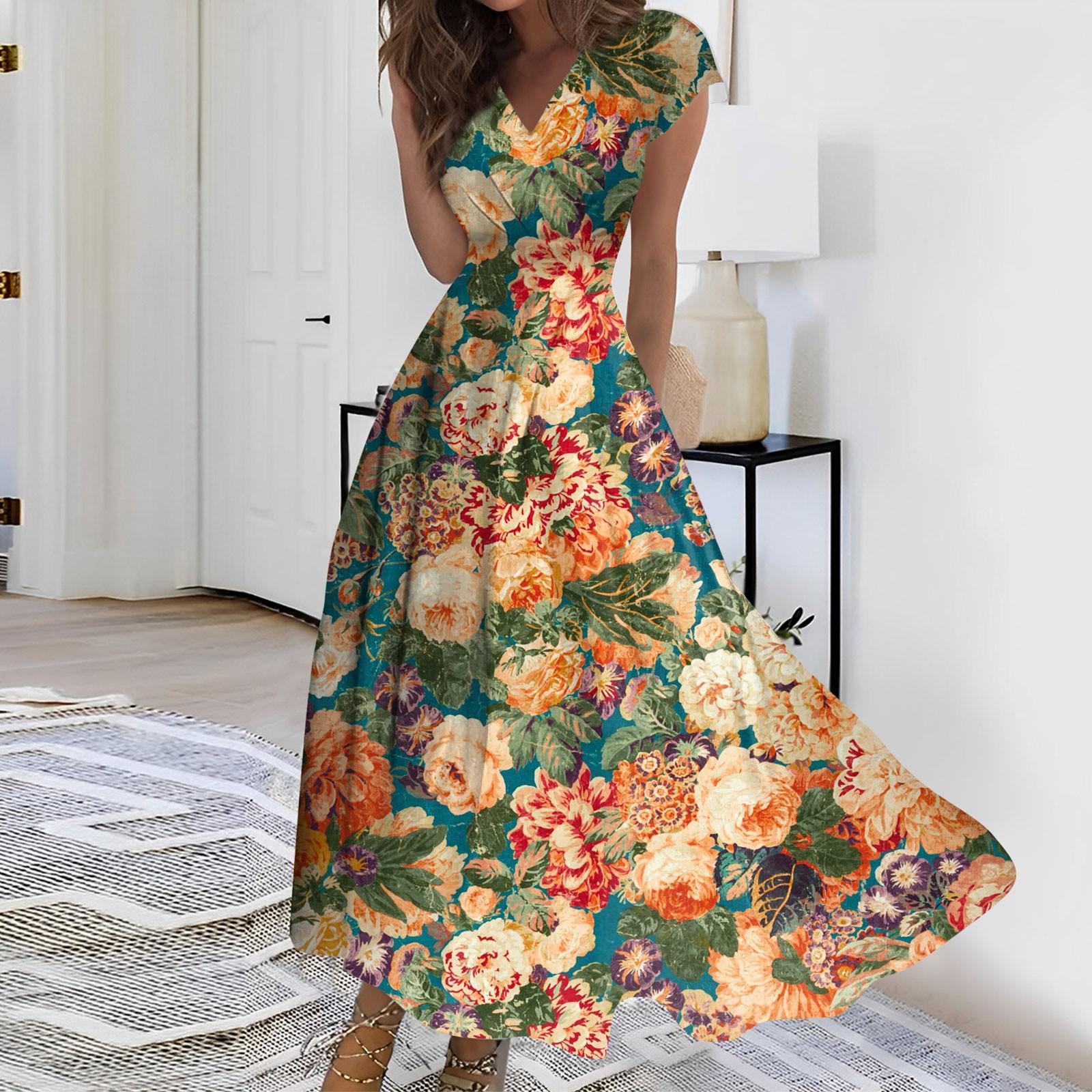 

Women s Long Dress Maxi Dress Casual Dress Summer Casual Short-Sleeve V Neck Boho Waist Retraction Printed Dress S помаранчевий