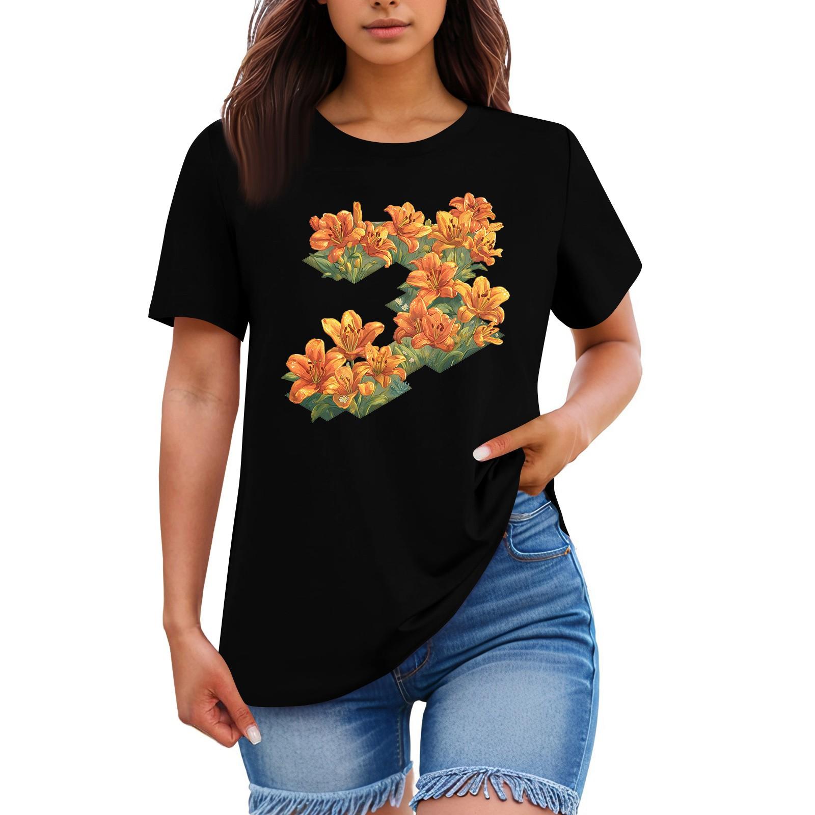 Женская свободная удобная повседневная модная футболка с принтом растений и цветов, круглым вырезом и короткими рукавами L чёрный