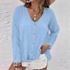 Women's Fashion Casual Solid Color V-Neck Live Button Long Sleeve T-Shirt Top