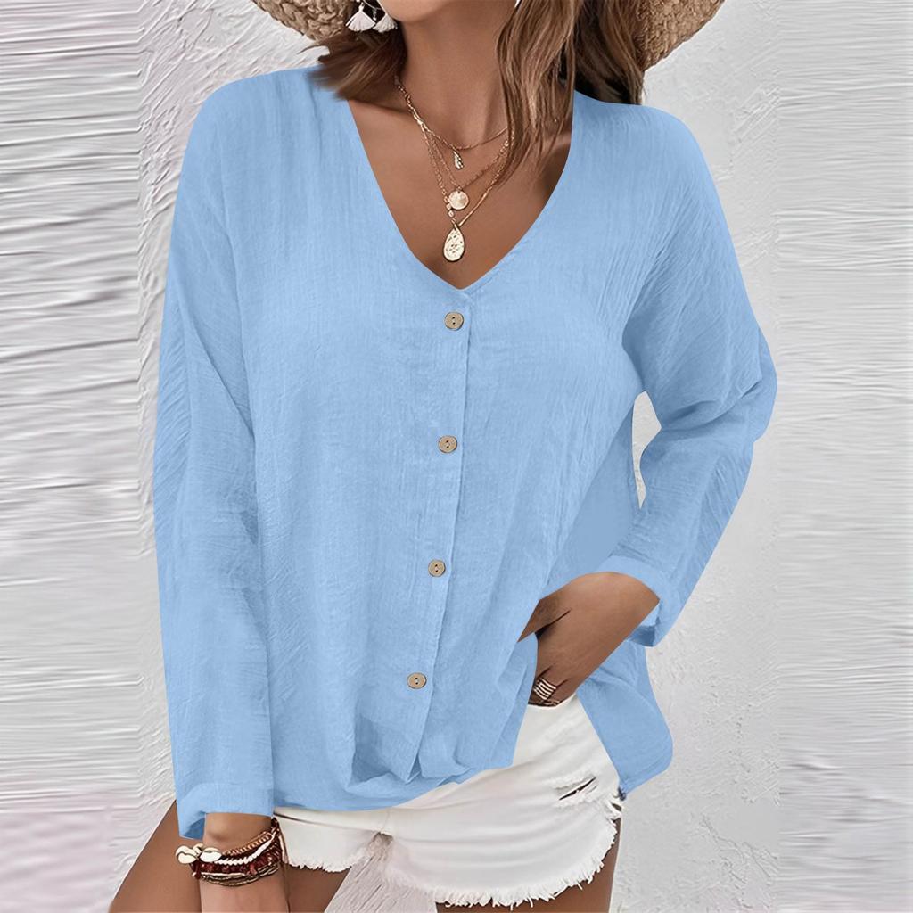 Women's Fashion Casual Solid Color V-Neck Live Button Long Sleeve T-Shirt Top