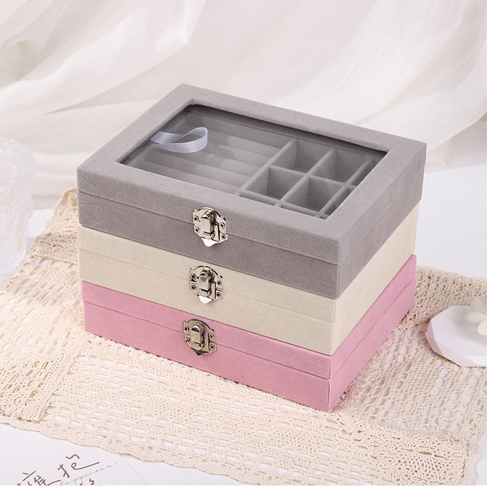 Portable Pink Carrying Case with Glass Cover Jewelry Ring Display Box Tray Holder Storage Box Organizer Earrings Ring Bracelet