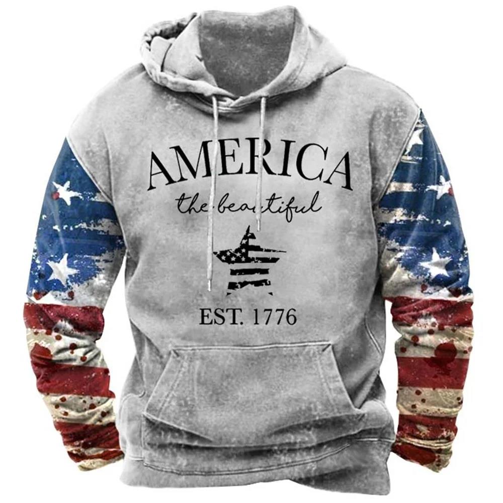 Módní mikiny s potiskem vlajky USA pro muže Hip Hop Trend Harajuku Vintage oblečení Jaro a podzim Novinka v mikinách Oversized topy