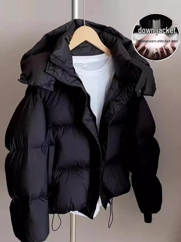 Dunjacka för damer, kort, vit, med dun av vit anka - Koreansk stil, petite passform med tjock chenille