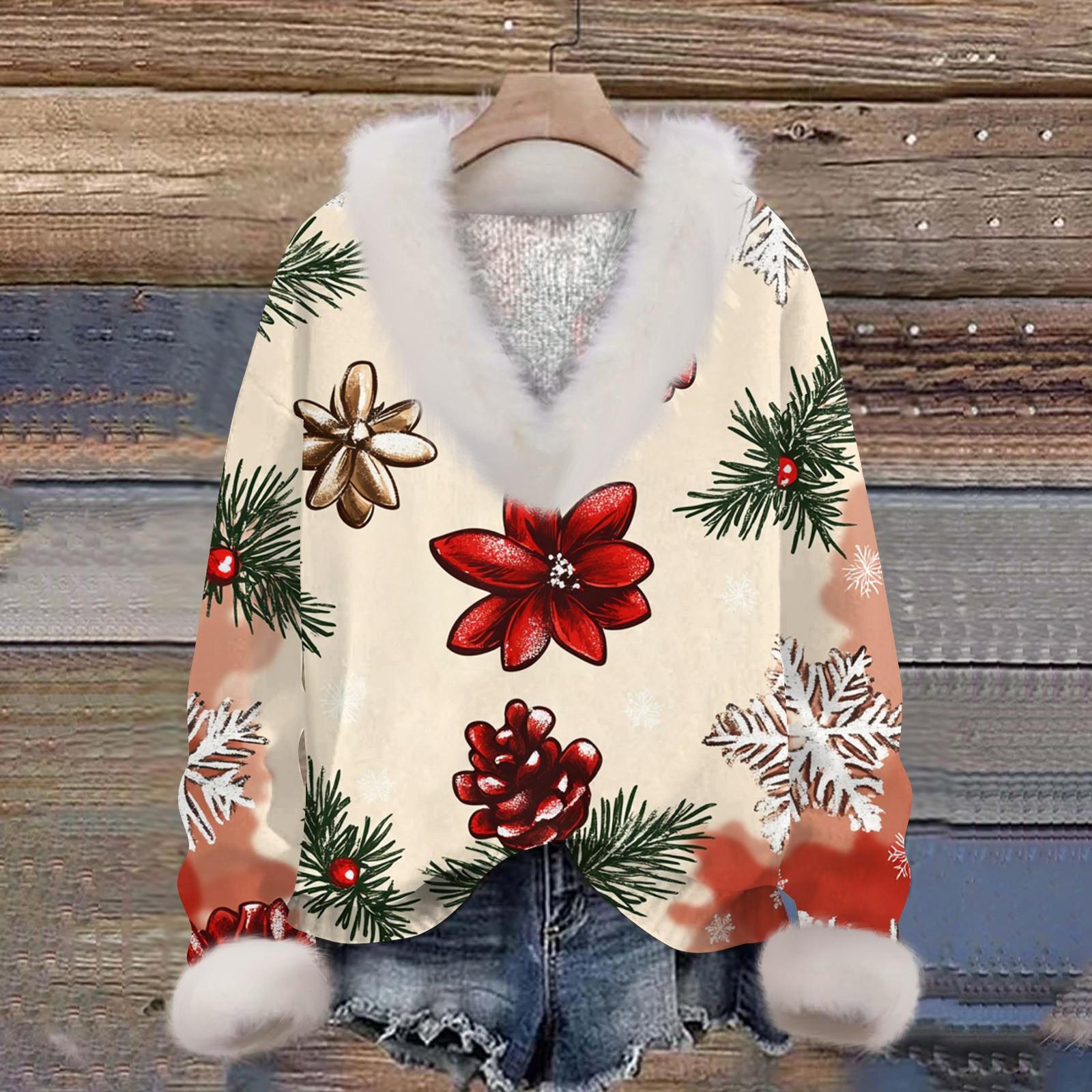 

Женская толстовка с длинным рукавом, рождественским принтом, плюшевым воротником, V-образным вырезом, пуловер L хаки